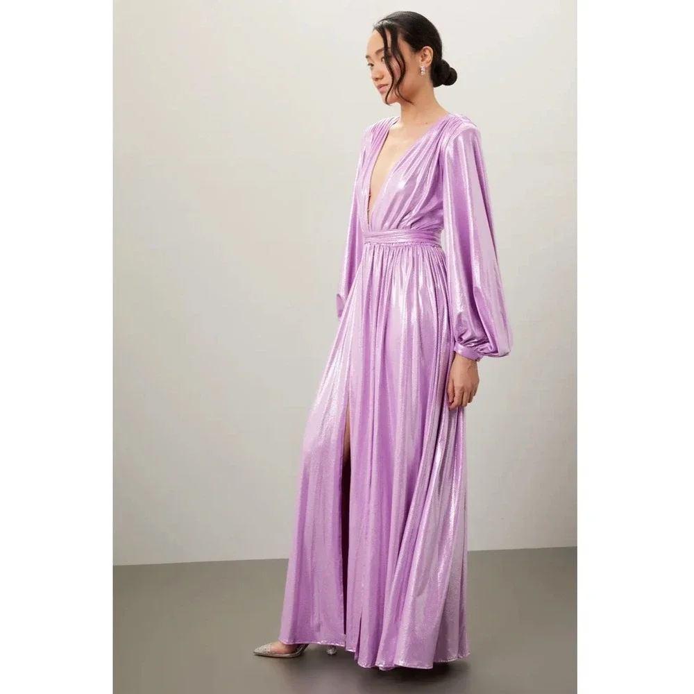 Bronx & Banco Zoe Lame Gown Maxi Dress Purple Lilac Plunge Slits Sz 4 US / Small - Picture 4 of 16